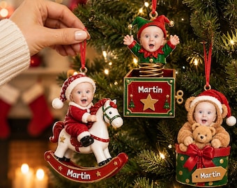 Personalized Baby Christmas Ornament, Custom Photo Name Ornament, Baby First Christmas Gift, Santa Elf Holiday Tree Keepsake