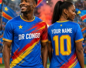 Camiseta de fútbol personalizada con nombre de la República Democrática del Congo, camiseta personalizada para aficionados al fútbol del Congo, camiseta de regalo de la República Democrática del Congo.