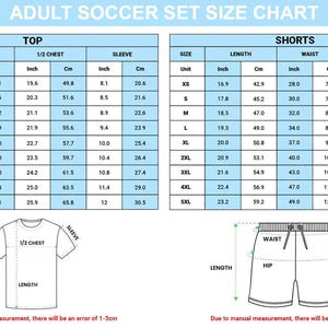 K&ouml;nnte beinhalten: Eine Gr&ouml;&szlig;entabelle f&uuml;r Fu&szlig;ballsets f&uuml;r Erwachsene mit zwei Tabellen f&uuml;r Oberteil- und Shorts-Ma&szlig;e in Zoll und Zentimetern. Sie enth&auml;lt Diagramme eines T-Shirts und einer Shorts mit Beschriftungen f&uuml;r L&auml;nge, &Auml;rmel, Brustumfang, Taille und H&uuml;fte.