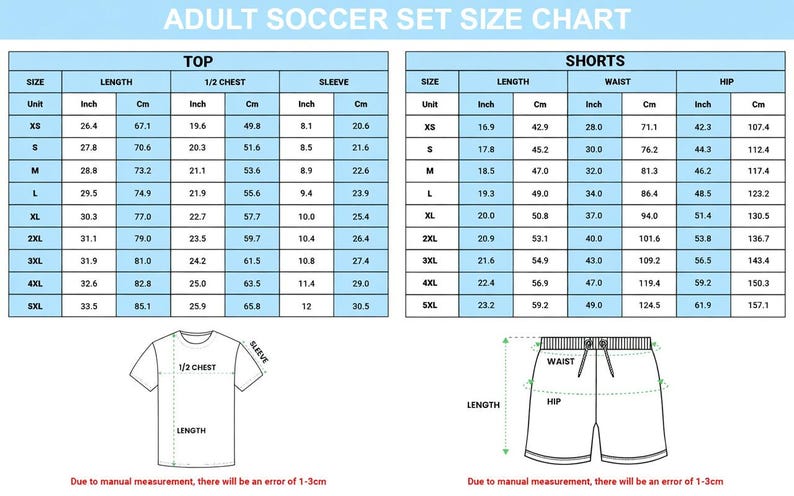 K&ouml;nnte beinhalten: Eine Gr&ouml;&szlig;entabelle f&uuml;r Fu&szlig;ballsets f&uuml;r Erwachsene mit zwei Tabellen f&uuml;r Oberteil- und Shorts-Ma&szlig;e in Zoll und Zentimetern. Sie enth&auml;lt Diagramme eines T-Shirts und einer Shorts mit Beschriftungen f&uuml;r L&auml;nge, &Auml;rmel, Brustumfang, Taille und H&uuml;fte.