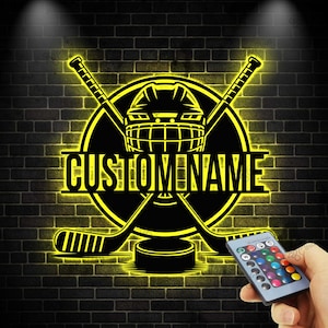 Custom Ice Hockey Metal Wall Art LED Light, Personalized Hockey Stick Sign, Hockey Metal Sign, Hockey Player Name Sign, Hockey Lover Gift