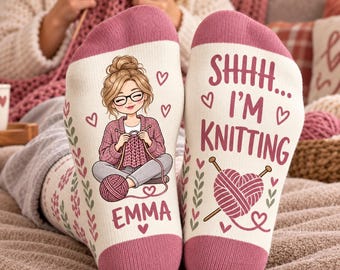 Personalized Knitting Socks, Custom Name Gift for Knitter, Funny Knitting Lover Gift, Cozy Birthday Christmas Gift for Her