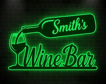May include: A neon green sign against a black brick wall. The sign features a wine bottle pouring into a wine glass, with the words "Smith's Wine Bar" in a cursive font. The sign is illuminated, creating a glowing effect.