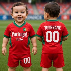 Puede incluir: Dos bebés sonrientes con uniformes de fútbol rojos a juego con detalles verdes. La parte delantera de la camiseta dice "Portugal 2026" y presenta la bandera portuguesa. Los pantalones cortos tienen el número "00". La parte trasera de la camiseta dice "YOURNAME" y tiene el número "00".