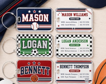 Personalized Kids Sports Bag Tag, Custom Luggage Tag with Emergency Contact, Baseball Soccer Basketball Travel ID Tag for Boys