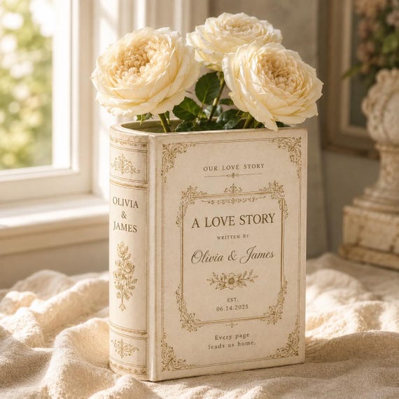 Personalised Toile De Jouy Ceramic Book Vase, Custom Wedding Gift for Couple, Bridal Shower Gift, Engagement Wedding Gift, Bridesmaid Gift