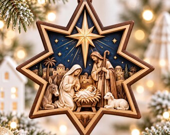 Nativity Star Christmas Ornament, Holy Family Manger Scene, Christian Gift for Women, Bethlehem Star Religious Tree Decor