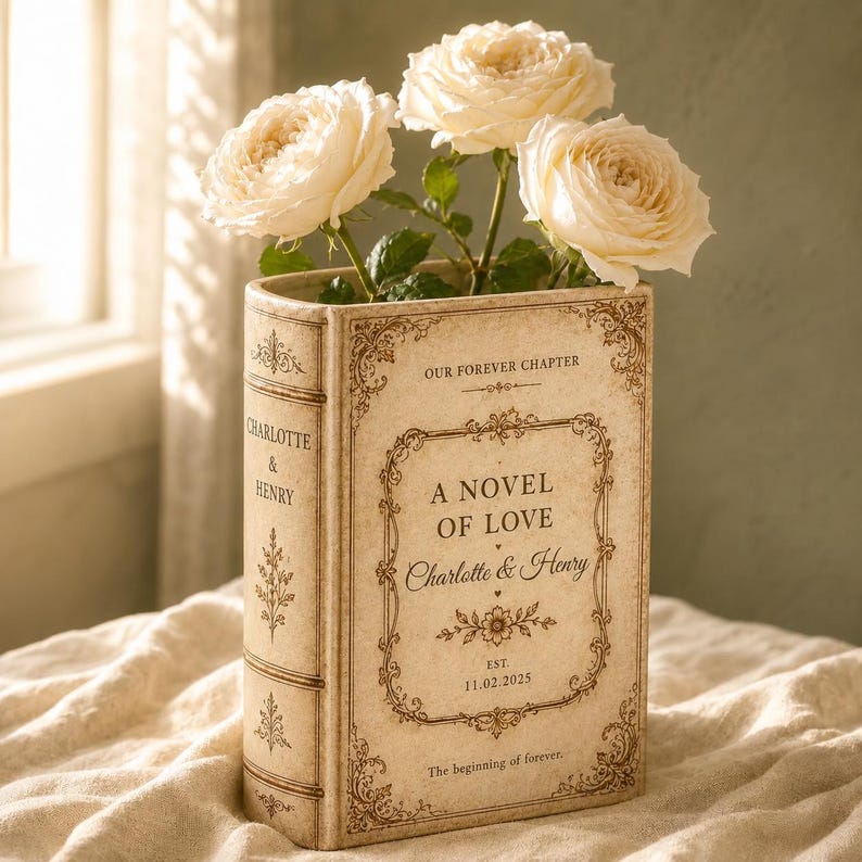 May include: A cream-colored ceramic book-shaped vase featuring ornate brown filigree borders and text that reads: OUR FOREVER CHAPTER, A NOVEL OF LOVE, Charlotte & Henry, EST. 11.02.2025, The beginning of forever. Three white roses are arranged inside.