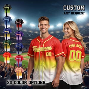 May include: A man and woman wearing custom baseball jerseys. The jerseys are red and yellow with white pinstripes. The text "Teamname" and "00" are on the front. The text "Your Name" and "00" are on the back. The image also shows 30 color options.