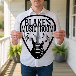 Letrero personalizado para sala de música, decoración de guitarra, arte de pared para sala de música, guitarra y notas para músicos, estudio de banda.