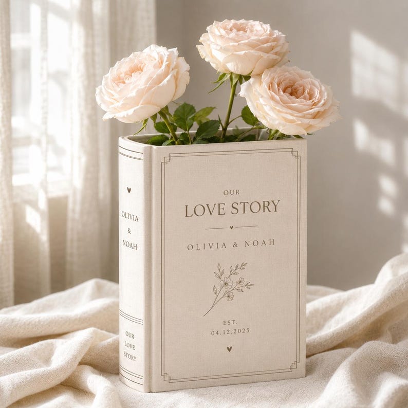 May include: A beige book-shaped vase featuring the text OUR LOVE STORY, OLIVIA & NOAH, and EST. 04.12.2025, decorated with a floral line drawing and three pale pink roses emerging from the top, with the names OLIVIA & NOAH printed on the spine.