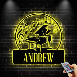 Personalized Piano Metal Wall Art LED Light, Custom Musician Name Sign, Grand Piano Music Room Decor, Music Lover Gift, Home Studio Decor