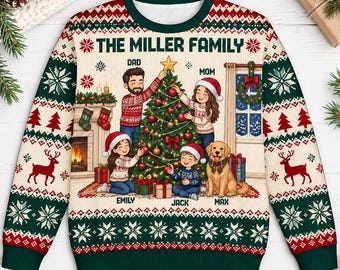 Personalized Family Christmas Sweater, Custom Name Ugly Christmas Sweatshirt, Mom Dad Kids Pet Xmas Gift, Matching Holiday Party Outfit