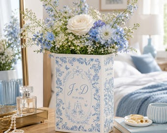 Custom Engagement Ceramic Book Vase, Personalized Toile de Jouy Wedding Flower Vase, Anniversary Bride to Be Keepsake, Wedding Couple Gift