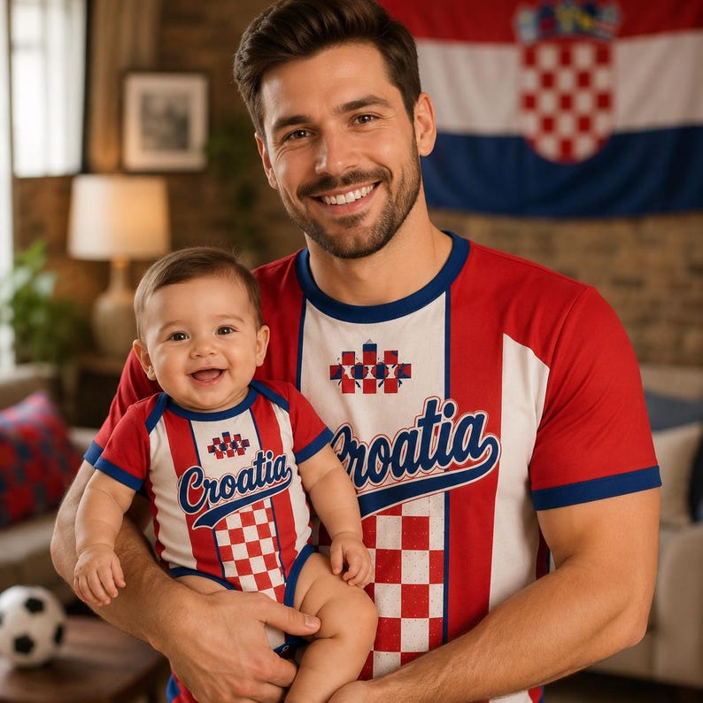 K&ouml;nnte beinhalten: Ein passendes Set bestehend aus einem kurz&auml;rmeligen T-Shirt und einem Baby-Body, beide mit rot-wei&szlig;em Karomuster, blauen R&auml;ndern und dem Wort Croatia in blauer Schrift auf der Brust &uuml;ber einer kleinen Wappengrafik.