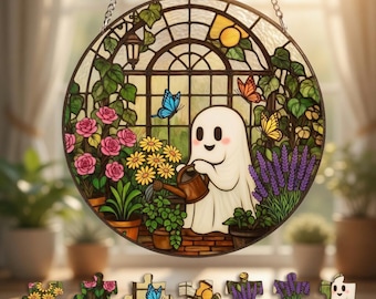 Cute Ghost Gardener Suncatcher, Stained Glass Ghost Decor, Spooky Cottagecore Window Art, Greenhouse Ghost Gift, Aesthetic Floral Halloween