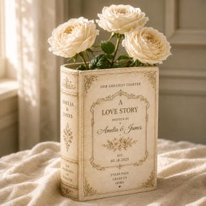 May include: A cream-colored book-shaped vase featuring the text "OUR GREATEST CHAPTER A LOVE STORY WRITTEN BY AMELIA & JAMES EST. 05.18.2025 EVERY PAGE LEADS US HOME" with three pale cream roses arranged in the top opening of the decorative vessel.