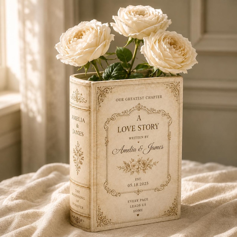May include: A cream-colored book-shaped vase featuring the text "OUR GREATEST CHAPTER A LOVE STORY WRITTEN BY AMELIA & JAMES EST. 05.18.2025 EVERY PAGE LEADS US HOME" with three pale cream roses arranged in the top opening of the decorative vessel.
