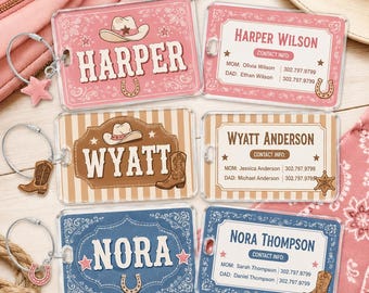 Personalized Western Kids Bag Tag, Custom Cowboy Luggage Tag with Emergency Contact, Rodeo Backpack ID Tag for Boys & Girls