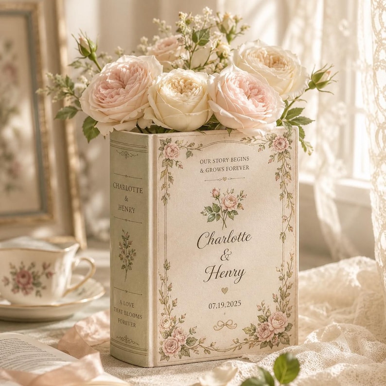 May include: A rectangular book-shaped vase in cream with floral borders and the text "Charlotte & Henry", "Our story begins & grows forever", and "07.19.2025". The vase holds a bouquet of pale pink and white roses with green leaves.