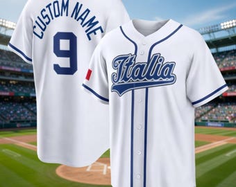 Maglia da baseball personalizzata dell'Italia, con nome e numero della squadra.