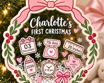 Personalized Baby Girl First Christmas Ornament, Birth Stats Wreath Keepsake, Newborn Daughter Gift, Pink Bow Christmas Decor