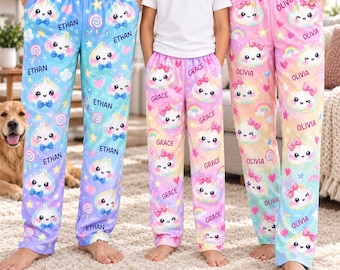 Personalized Name Pajama Pants, Custom Kawaii Candy PJs for Kids and Adults, Cute Family Sleepwear, Birthday Christmas Gift