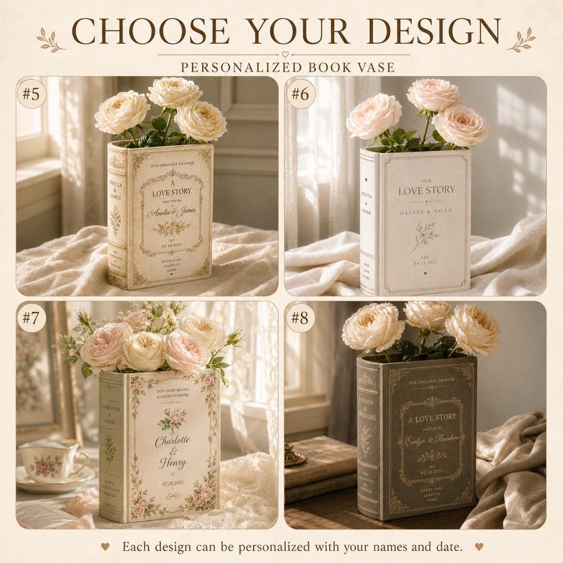May include: Four rectangular book-shaped vases featuring personalized text and floral graphics. Each vase holds light pink roses. Designs #5 and #8 have ornate borders, while #6 and #7 feature minimalist layouts. Text includes A LOVE STORY.