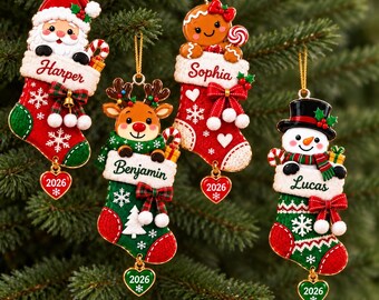 Personalized Christmas Stocking Ornament, Custom Name & Year Santa Reindeer Snowman Gingerbread, Kids Holiday Gift