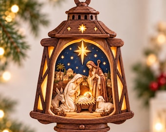 Nativity Lantern Christmas Ornament, Holy Family Manger Scene, Christian Gift for Mom Grandma, Religious Christmas Tree Decor