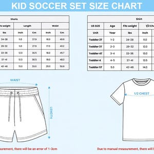 K&ouml;nnte beinhalten: Eine Gr&ouml;&szlig;entabelle f&uuml;r Kinder-Fu&szlig;ballsets mit zwei Tabellen f&uuml;r Shorts und T-Shirts, inklusive Alter, Gewicht in lbs und Ma&szlig;en in cm. Darunter befinden sich Strichzeichnungen von Shorts und einem T-Shirt mit Taillen-, Brust- und L&auml;ngenangaben.