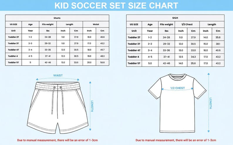 K&ouml;nnte beinhalten: Eine Gr&ouml;&szlig;entabelle f&uuml;r Kinder-Fu&szlig;ballsets mit zwei Tabellen f&uuml;r Shorts und T-Shirts, inklusive Alter, Gewicht in lbs und Ma&szlig;en in cm. Darunter befinden sich Strichzeichnungen von Shorts und einem T-Shirt mit Taillen-, Brust- und L&auml;ngenangaben.