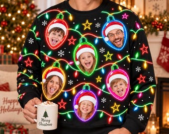 Personalized Face Christmas Sweatshirt, Custom Family Photo Ugly Christmas Sweater, Funny Gift for Dad, Holiday Party Outfit