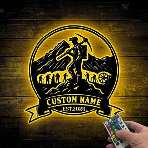Arte de parede de metal de mineração de carvão personalizada com luz LED, placa de nome de mineiro personalizada, decoração de caverna de homem de mina, decoração de casa, presente para amante de mineiro