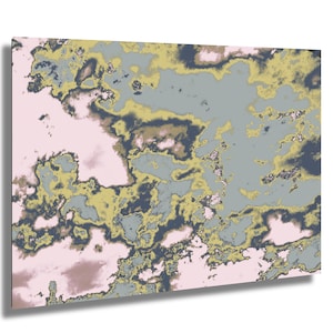 Abstract image with vibrant pink, yellow, blue, and dark gray colors blending in a cloud-like pattern, creating a modern design.