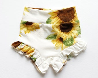 Sunflower bummies, sunflower shorts, shorts, ruffle bummies