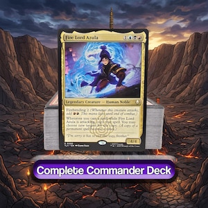May include: A Magic: The Gathering card featuring "Fire Lord Azula," a Legendary Creature. The card has a gold and black border with a character illustration and game text. The text "Complete Commander Deck" is at the bottom.