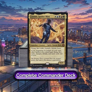 May include: A Cosmic Spider-Man trading card featuring a dark-suited hero surrounded by golden energy rings, labeled as a Legendary Creature Spider Human Hero with 5/5 power, resting atop a stack of cards labeled Complete Commander Deck.