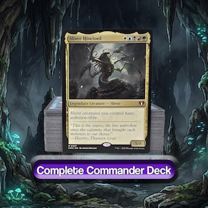 May include: A Magic: The Gathering trading card titled Sliver Hivelord featuring a dark, multi-limbed creature illustration, resting atop a thick stack of cards. The card text reads: Sliver creatures you control have indestructible. Complete Commander Deck.
