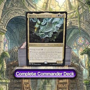 May include: A Magic: The Gathering trading card titled Miirym, Sentinel Wyrm, featuring a legendary dragon spirit illustration. The card displays text detailing its flying and ward abilities, along with a 6/6 power and toughness rating, resting atop a deck.