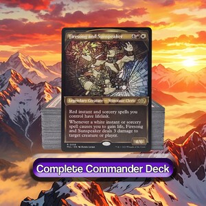 May include: A trading card titled Firesong and Sunspeaker featuring a stained-glass style illustration of a minotaur cleric. The card text describes abilities related to red and white spells. It rests on a thick stack of cards labeled Complete Commander Deck.