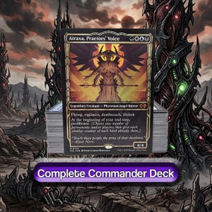 May include: A stack of Magic: The Gathering cards featuring Atraxa, Praetors' Voice. The card has a gold and black design with a detailed illustration of a Phyrexian Angel Horror. The text "Complete Commander Deck" is at the bottom.