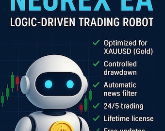 May include: A digital illustration of a white robot with glowing blue eyes and a gold coin emblem. The text "NEUREX EA" and "LOGIC-DRIVEN TRADING ROBOT" are displayed in blue. Additional text highlights features like "Optimized for XAUUSD (Gold)".