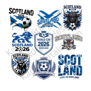 May include: A collection of nine graphic designs featuring Scotland 2026 themes, including footballs, the Scottish flag, a Highland cow, a lion, and various shield emblems with blue and white colour schemes and bold typography.