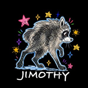 Könnte beinhalten: Eine grafische Illustration eines grauen und schwarzen Waschbären mit weißem Gesicht, umgeben von bunten, handgezeichneten Sternen in Pink, Gelb, Blau und Lila auf schwarzem Hintergrund. Der Name JIMOTHY steht in weißen Großbuchstaben darunter.