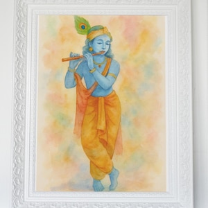 クリシュナ ウォールアート ヒンドゥー教の神ポスター スピリチュアルなインドの装飾 クリシュナ神の絵画 神聖なる青い神のプリント ヨガルーム ウォールアート