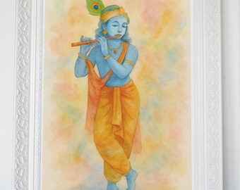 Medytacyjny Pan Kryszna z fletem – duchowy plakat z hinduskim Bogiem do dekoracji studia jogi i sztuki ściennej zen