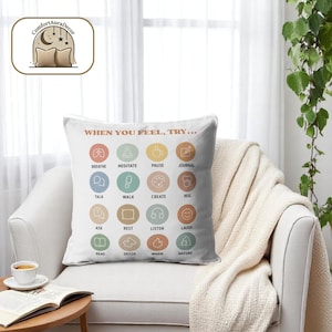 Funda de almohada para la salud mental: tabla de bienestar emocional con 16 iconos, decoración relajante para salas de terapia, funda de cojín "Cuando sientas, inténtalo".