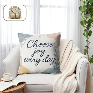 Funda de cojín inspiradora con frase "Elige la alegría cada día", decoración botánica en tonos pastel, ideal para sala de estar y dormitorio, de 40,6 x 40,6 a 50,8 x 50,8 cm.