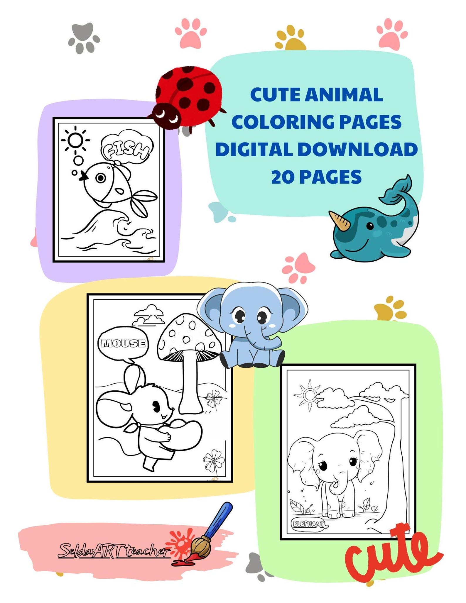 Cute Animals Easy Coloring Pages 20 Pages - Etsy